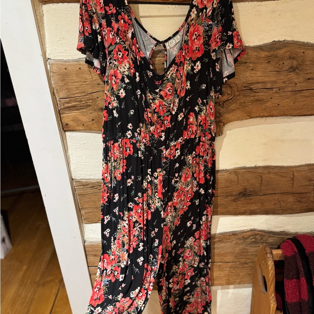 Maurices Black and Red Casual Jumpsuit with Flutter Sleeves